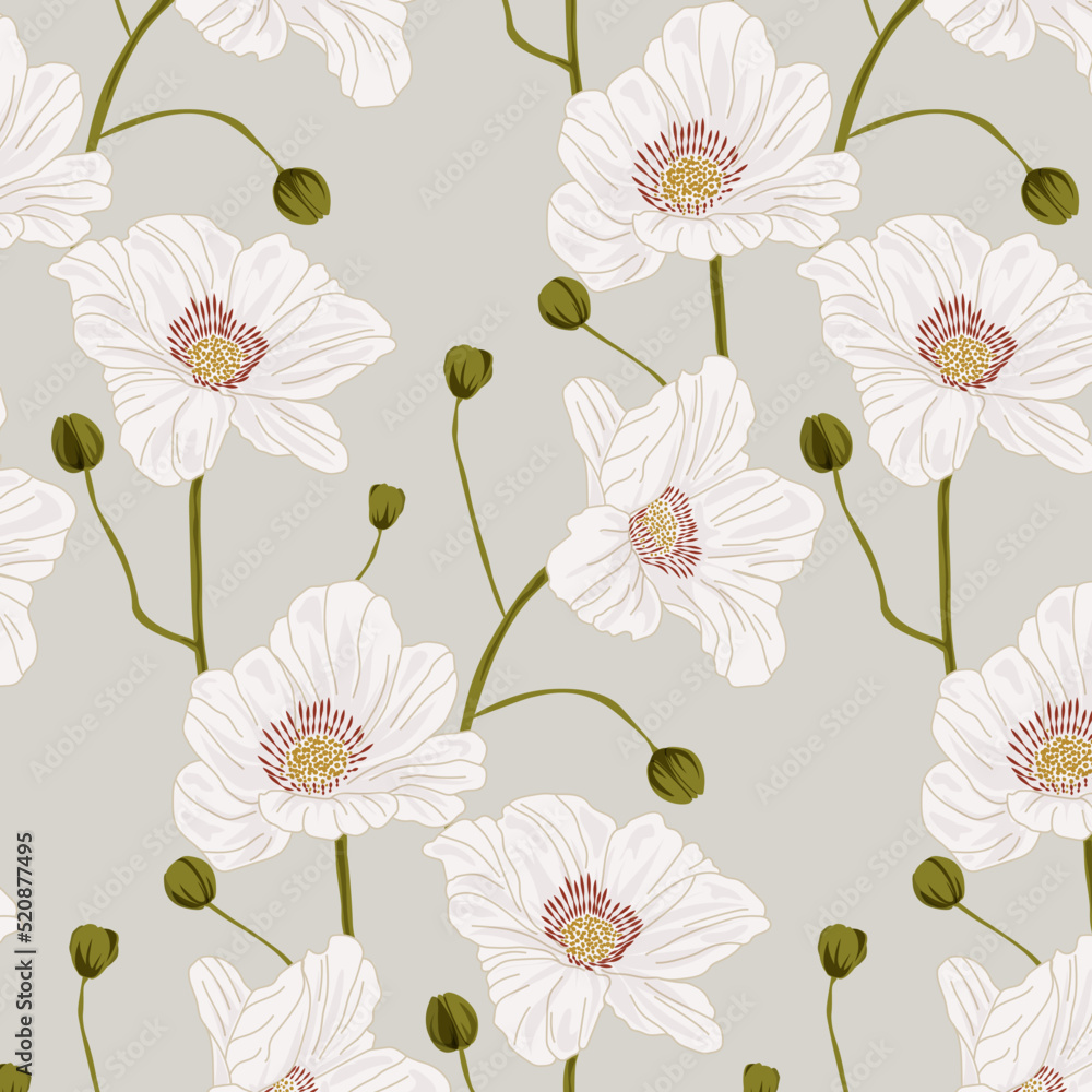 White flowers botanical pattern vector background. Floral wallpaper design with flowers, leaves, branches in a minimalist style on a blue background. Vector illustration suitable for fabric