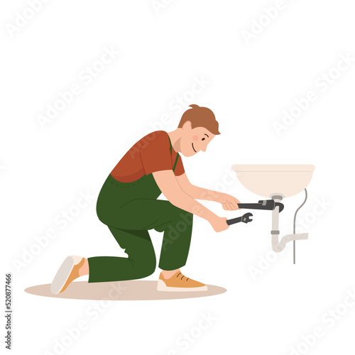 Professional plumbing services. A worker with an adjustable wrench is repairing plumbing in the sink. Home renovation. Man in uniform. Flat design vector illustration.