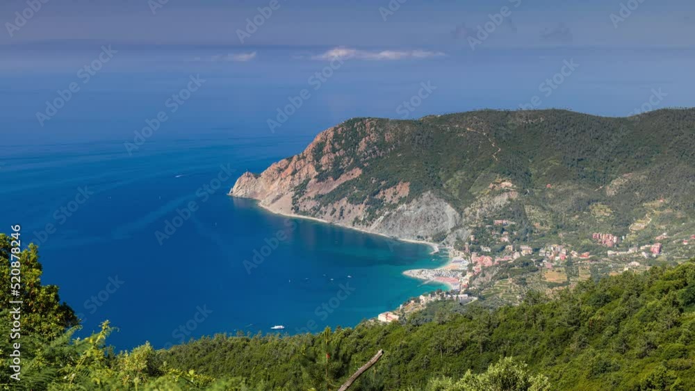 Panoramic Aerial View Time Lapse of Monterosso Al Mare in Cinque Terre, Monterosso Al Mare, Liguria, Italy Panoramic Aerial View Time Lapse of Monterosso Al Mare in Cinque Terre, Monterosso Al Mare, Liguria, Italy