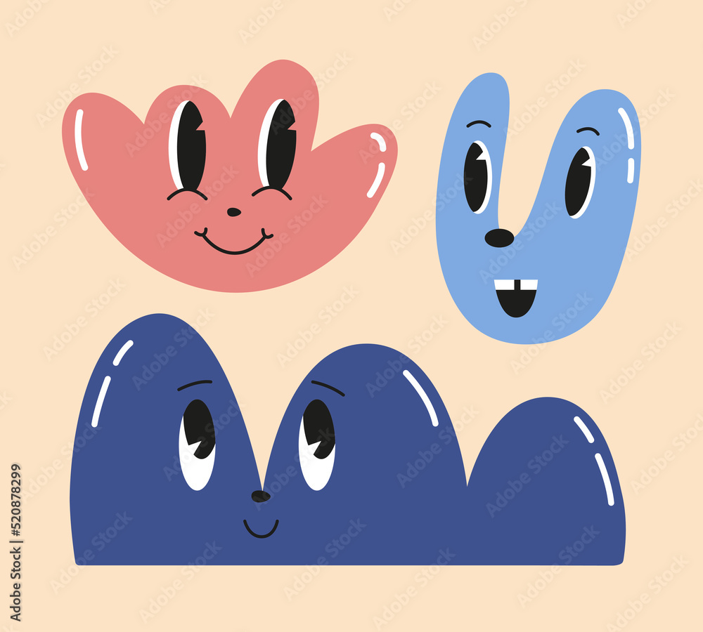 Doodle flowers and abstract shapes with cartoon funny smiling faces, daisy retro characters. Cute floral happy emotion. Childish logo design with daisies vector set. Illustration of smile flowers. Doodle flowers and abstract shapes with cartoon funny smiling faces, daisy retro characters. Cute floral happy emotion. Childish logo design with daisies vector set. Illustration of smile flowers.