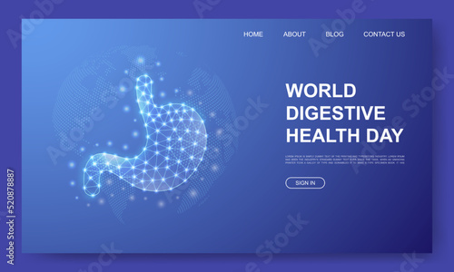 Stomach 3d low poly website template. Digestive system design illustration concept. Polygonal Organ anatomy symbol for landing page, advertising page.
