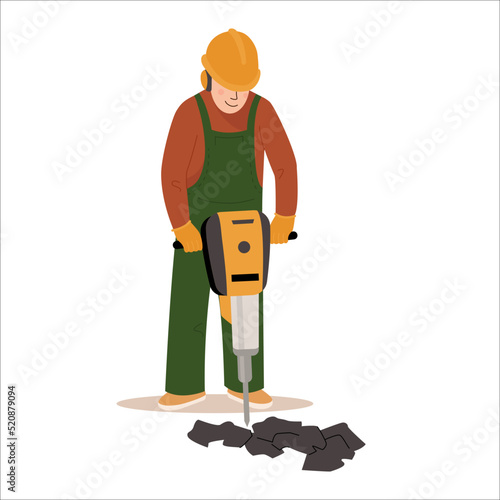 Road repair flat vector illustration. Worker in professional uniform helmet and dungarees with jackhammer. Maintenance and construction of pavement concept. Vector flat design illustration