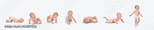 collage of photos of a Cute little baby in a diaper on a white isolated background. First steps