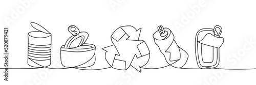 Set of Cans one line continuous drawing. Aluminium waste, tin can continuous one line set illustration. Vector minimalist linear illustration.