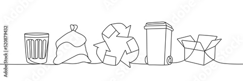 Set of trash one line continuous drawing. Garbage, trash can, garbage bag, recycle bin, carton box continuous one line set illustration.