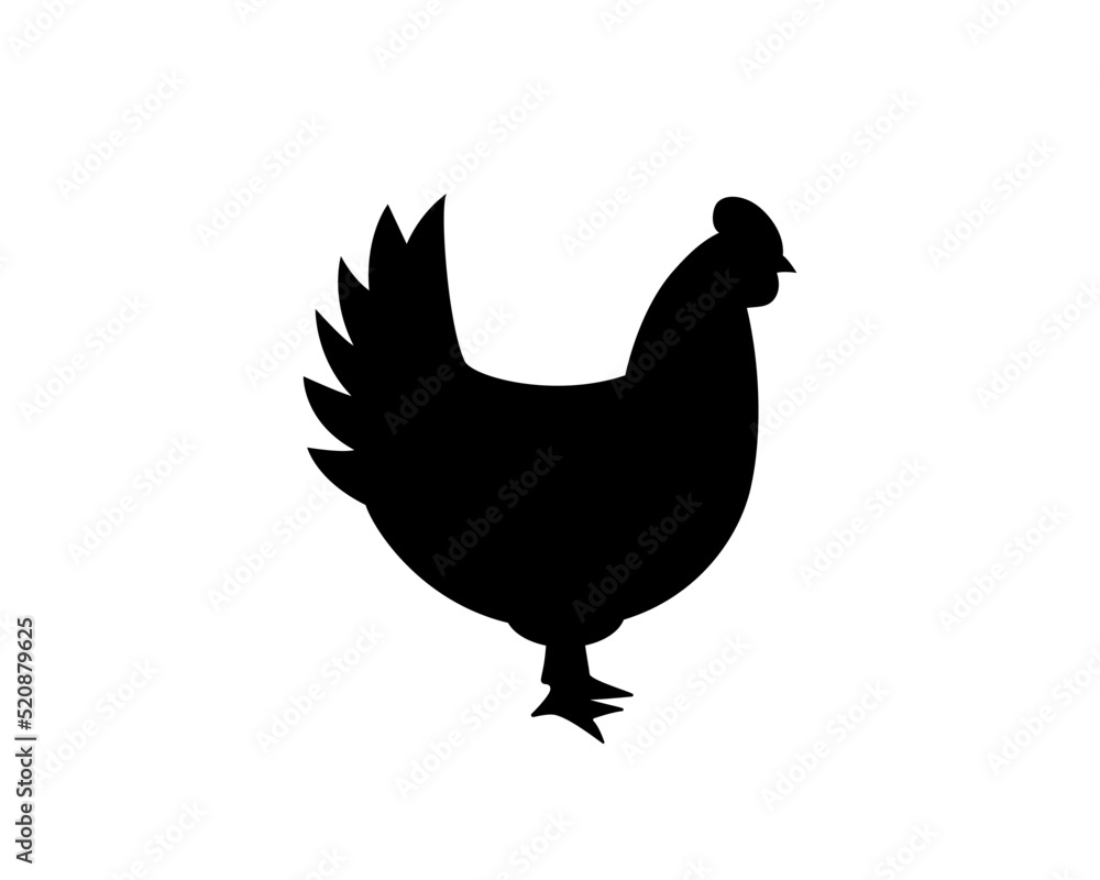 Chicken black silhouette. Chicken symbol. Chick silhouette. Farm bird icon isolated on white background.