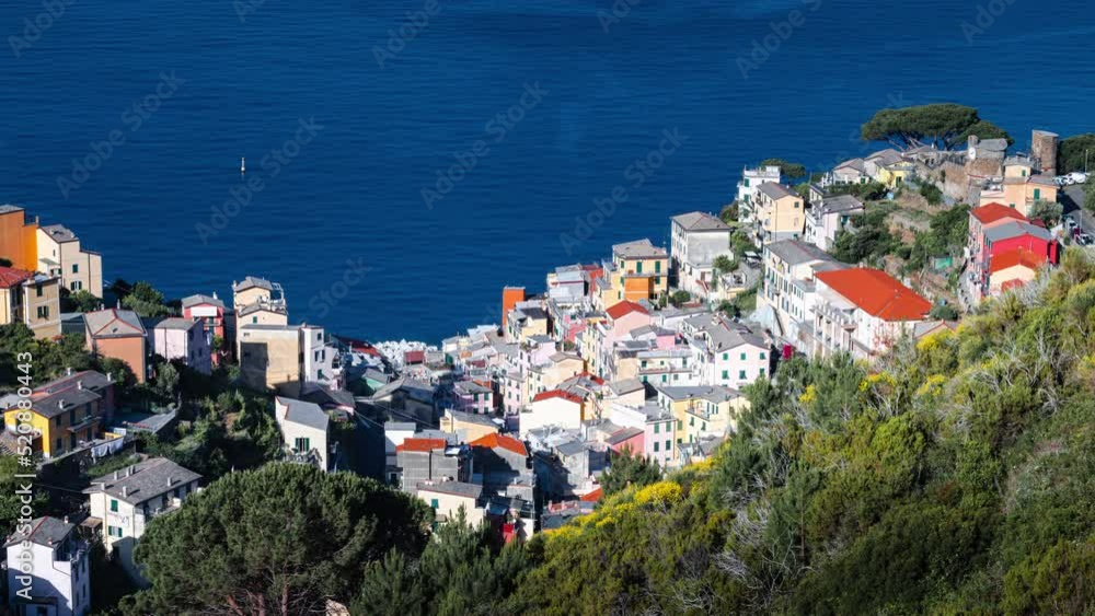 Panoramic Time Lapse aerial view of beautiful town of Riomaggiore in Cinque Terre, Riomaggiore, Liguria, Italy Panoramic Time Lapse aerial view of beautiful town of Riomaggiore in Cinque Terre, Riomaggiore, Liguria, Italy