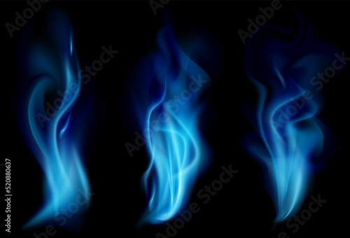 Blue set of smoke, gas or fuel. Vector isolated smoke on a transparent background