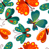 vector seamless cute gentle butterfly pattern with tropical flowers, leaves. spring summer mood. colorful, romantic print. hand drawn design.