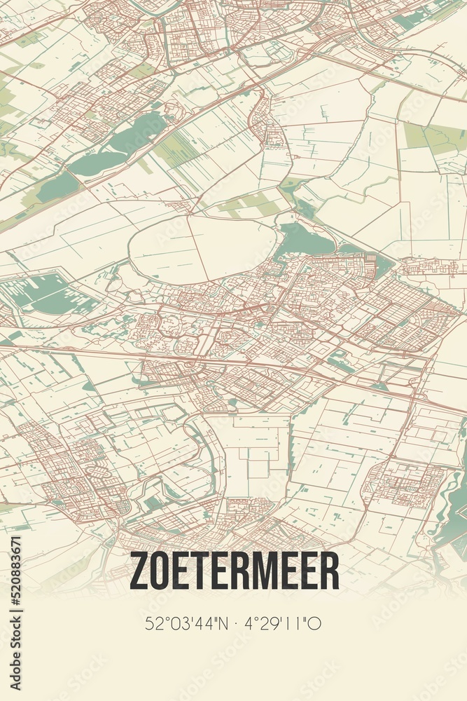 Retro Dutch city map of Zoetermeer located in Zuid-Holland. Vintage street map.