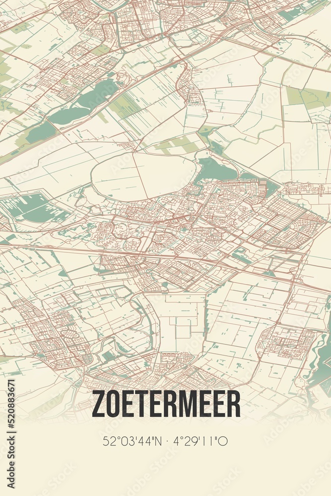 Retro Dutch city map of Zoetermeer located in Zuid-Holland. Vintage street map. Retro Dutch city map of Zoetermeer located in Zuid-Holland. Vintage street map.