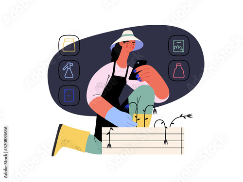 Shop now - Online shopping and electronic commerce series - modern flat vector concept illustration of a woman gardening and shopping online. Promotion, discounts, sale and online orders concept