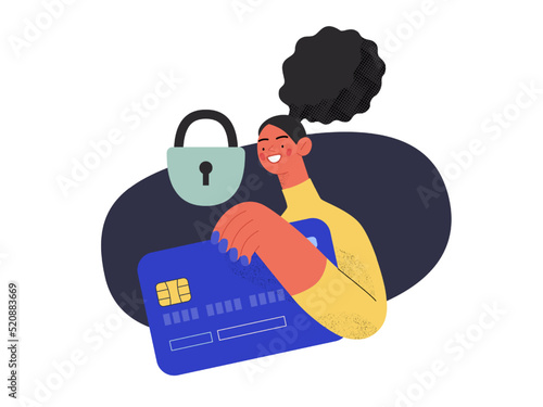 Safe payment - Online shopping and electronic commerce series - modern flat vector concept illustration of a woman with a plastic card and a lock. Protection and security of online orders concept