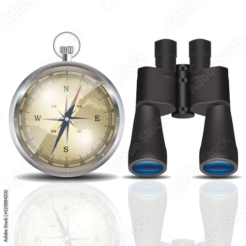 Set of compass and binocular vector, set of camping equipment vector