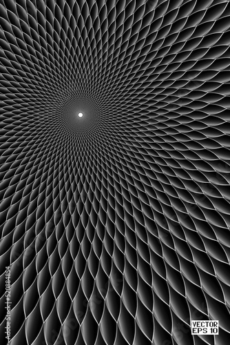 Abstract Black and White Geometric Pattern with Squares. Spiral-like Spotted Tunnel. Optical Psychedelic Illusion. Vector. 3D Illustration
