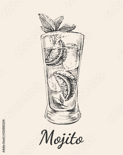 Sketch Mojito Cocktail Vector Hand Drawn Illustration. Bar. Party