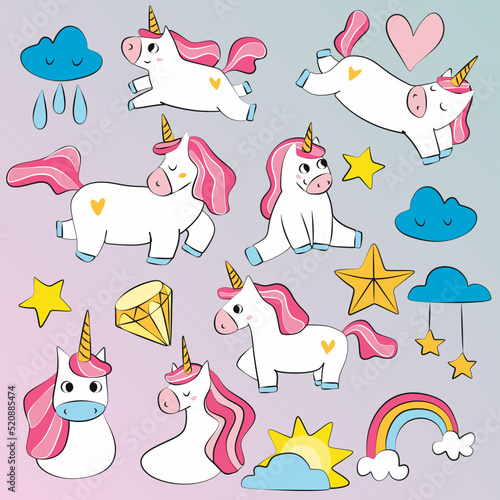 Set of cartoon pink unicorns girls fashion sketch icons with fancy rainbow, stars, clouds and other details. A sticker with a unicorn and small change.