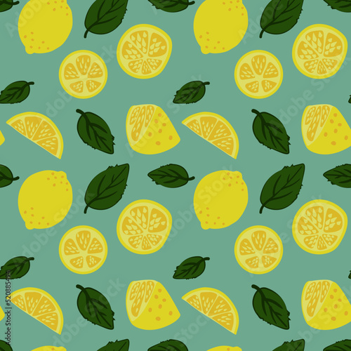 Hand-drawn vector lemon seamless pattern on a blue background. Endless ornament for wrapping paper, wallpaper, clothing, textiles, fabric
