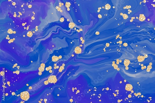 Sky Blue Alcohol ink fluid abstract texture fluid art with gold glitter and liquid.