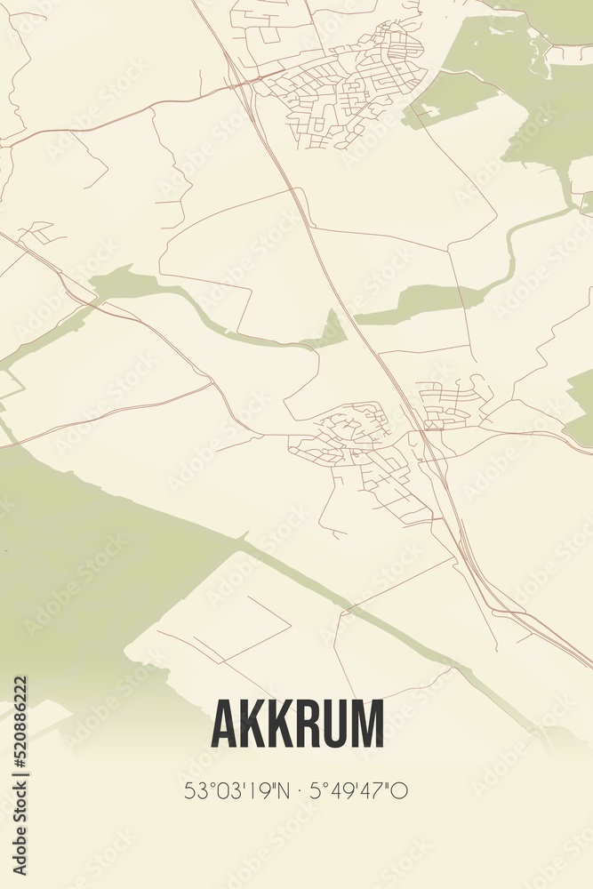 Retro Dutch city map of Akkrum located in Fryslan. Vintage street map.