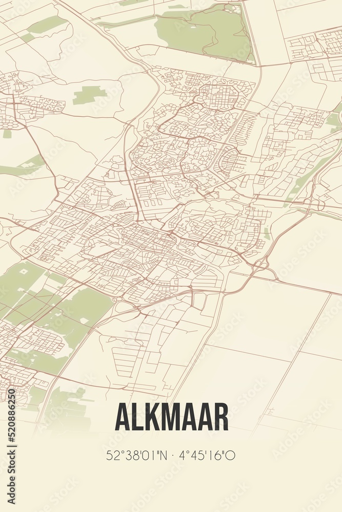 Retro Dutch city map of Alkmaar located in Noord-Holland. Vintage street map.