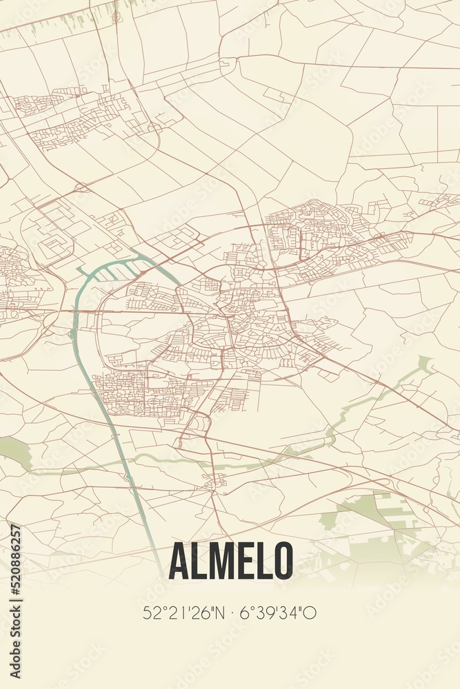 Retro Dutch city map of Almelo located in Overijssel. Vintage street map.