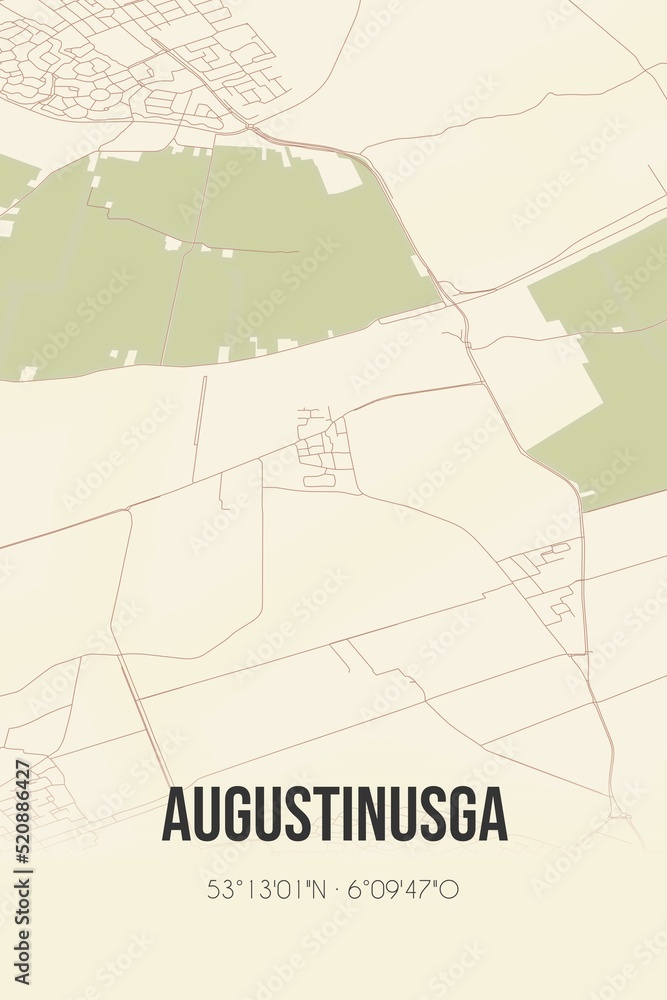 Retro Dutch city map of Augustinusga located in Fryslan. Vintage street map.