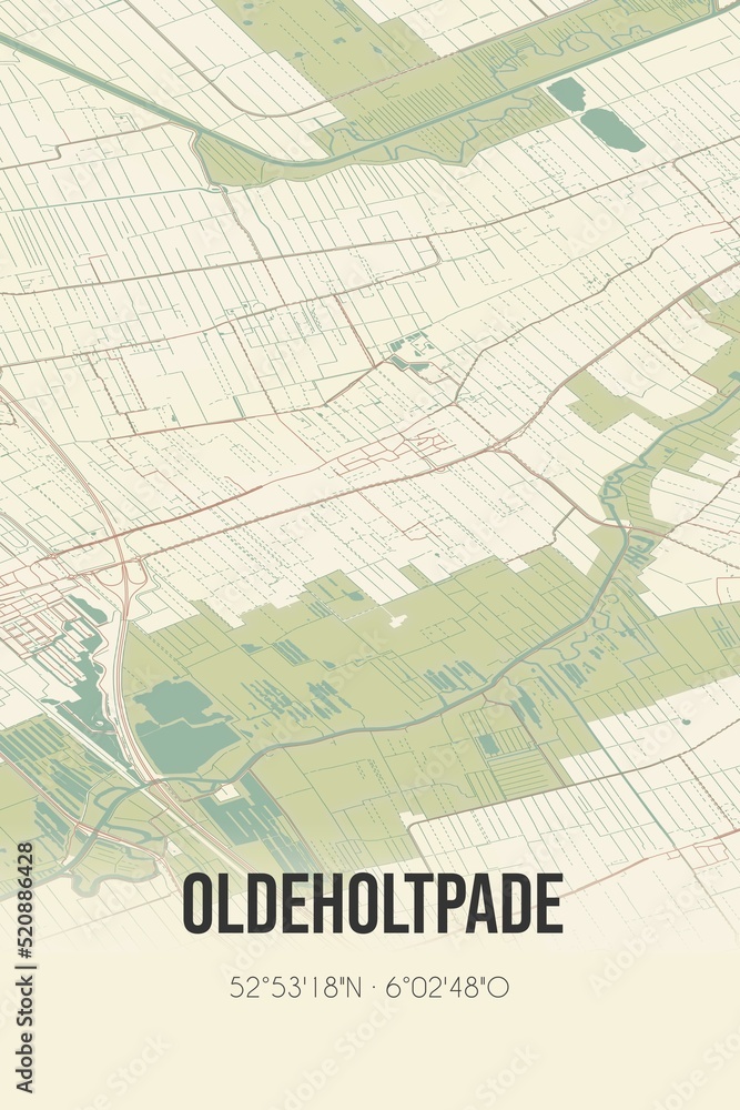 Retro Dutch city map of Oldeholtpade located in Fryslan. Vintage street map.