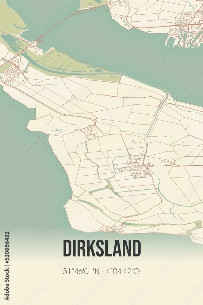 Fototapeta premium Retro Dutch city map of Dirksland located in Zuid-Holland. Vintage street map.