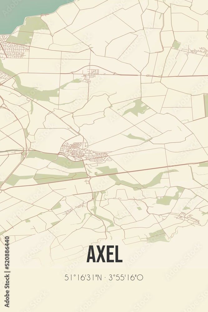 Retro Dutch city map of Axel located in Zeeland. Vintage street map.