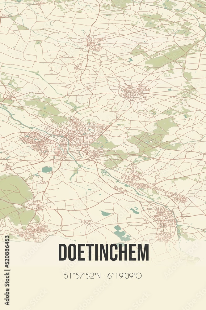 Retro Dutch city map of Doetinchem located in Gelderland. Vintage street map.