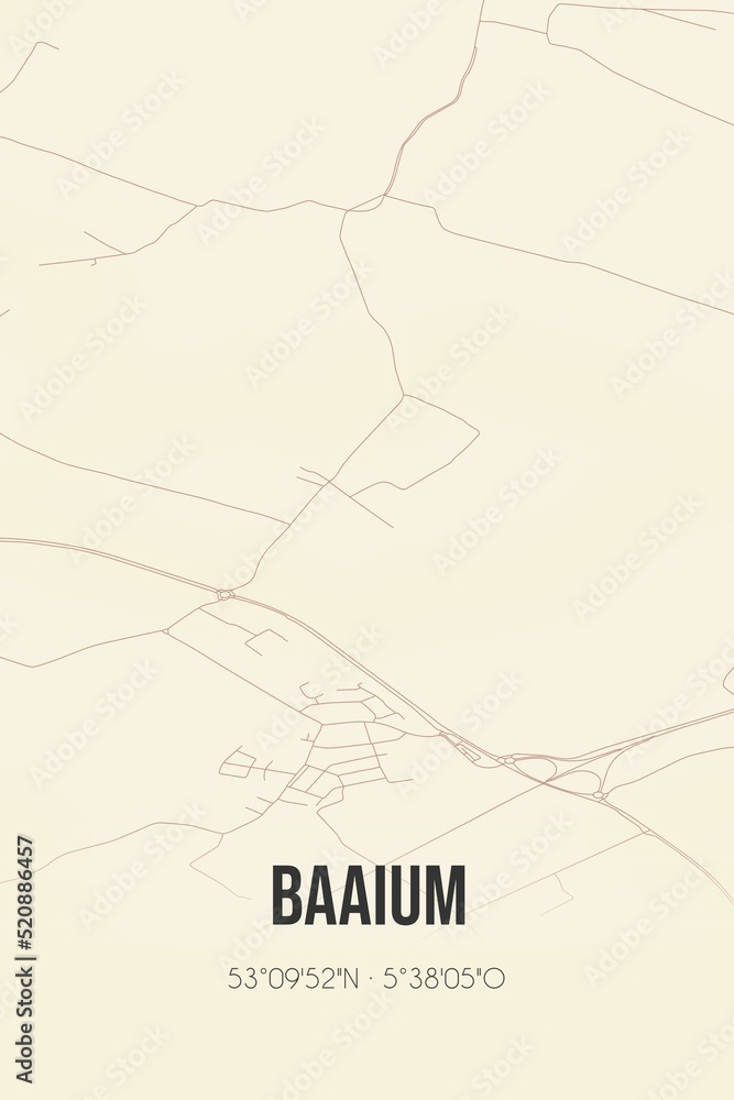 Retro Dutch city map of Baaium located in Fryslan. Vintage street map.