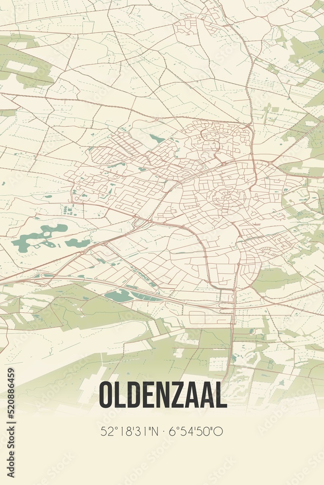 Retro Dutch city map of Oldenzaal located in Overijssel. Vintage street map.