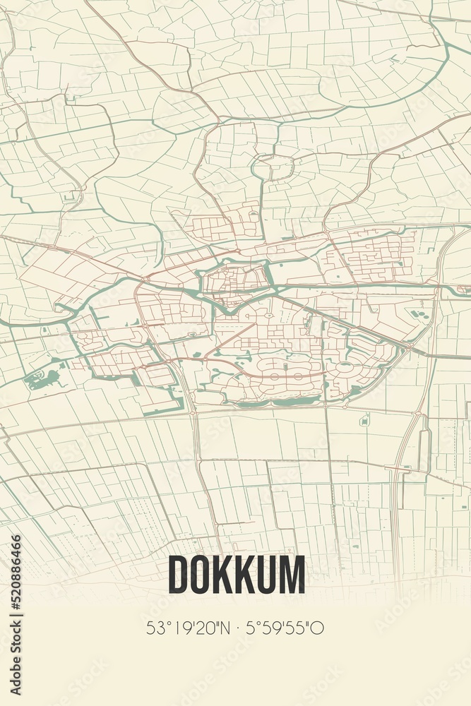 Retro Dutch city map of Dokkum located in Fryslan. Vintage street map.