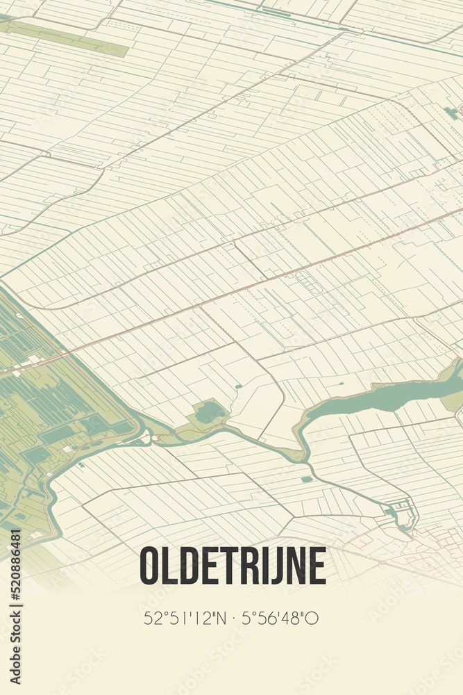 Fototapeta premium Retro Dutch city map of Oldetrijne located in Fryslan. Vintage street map.