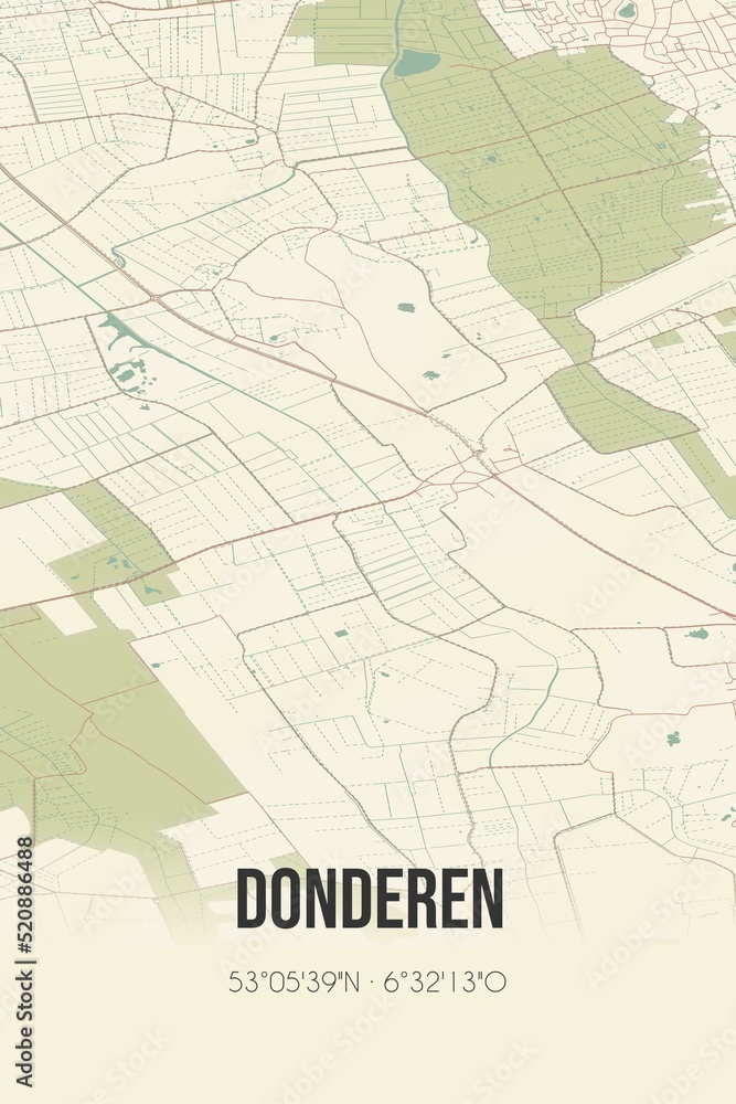 Retro Dutch city map of Donderen located in Drenthe. Vintage street map.