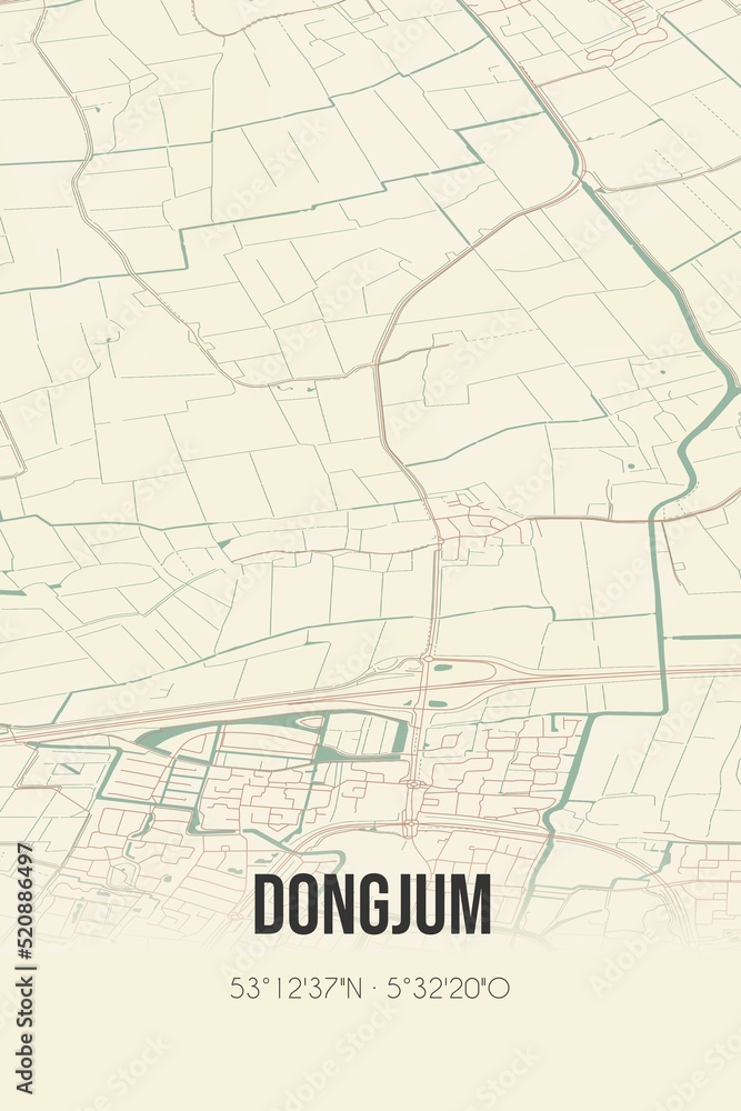 Retro Dutch city map of Dongjum located in Fryslan. Vintage street map.