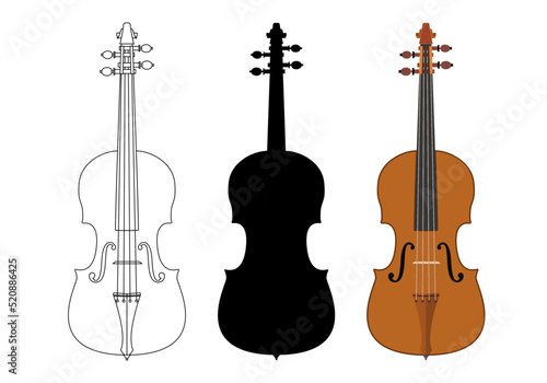 Iconos de trazado de violín, Silueta negra de violín. Violín en color. Instrumento musical de cuerdas