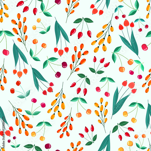 Seamless pattern with berries. Cherry, wild rose, sea buckthorn. fabric texture.