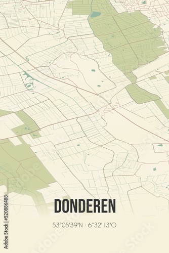 Retro Dutch city map of Donderen located in Drenthe. Vintage street map.