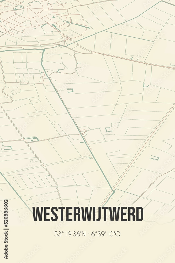 Retro Dutch city map of Westerwijtwerd located in Groningen. Vintage street map.