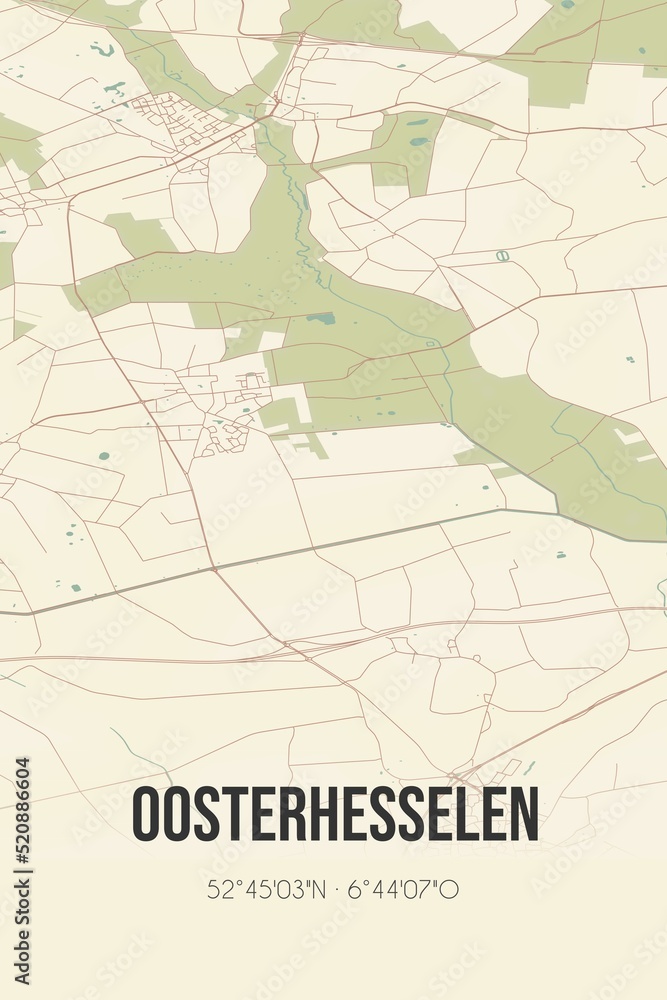 Retro Dutch city map of Oosterhesselen located in Drenthe. Vintage street map.