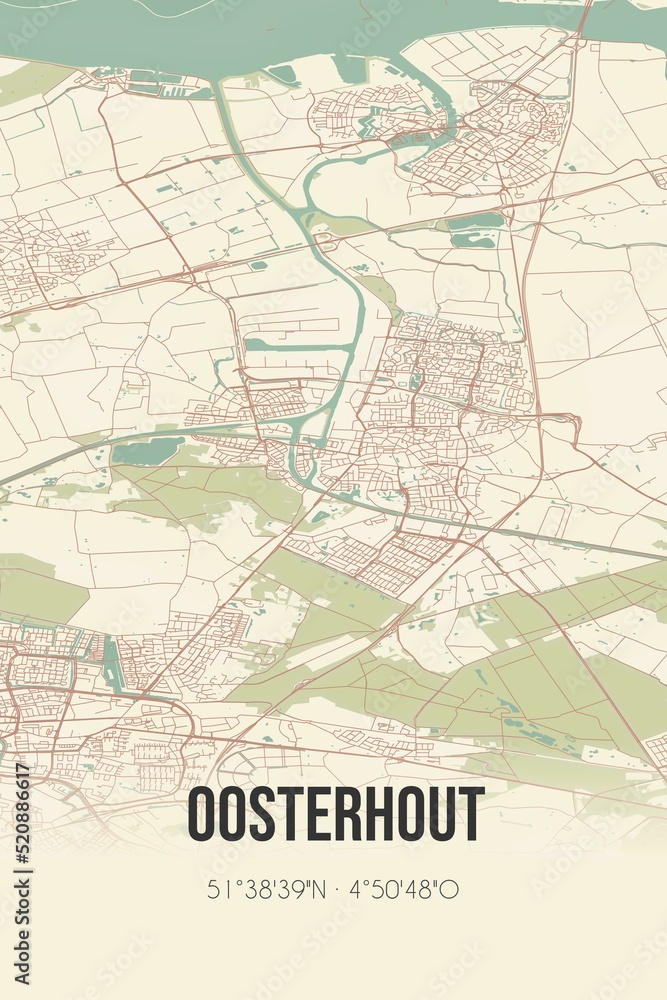 Retro Dutch city map of Oosterhout located in Noord-Brabant. Vintage street map.