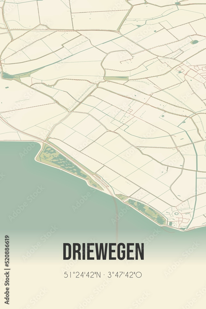 Obraz premium Retro Dutch city map of Driewegen located in Zeeland. Vintage street map.