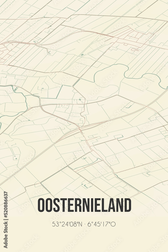 Retro Dutch city map of Oosternieland located in Groningen. Vintage street map.
