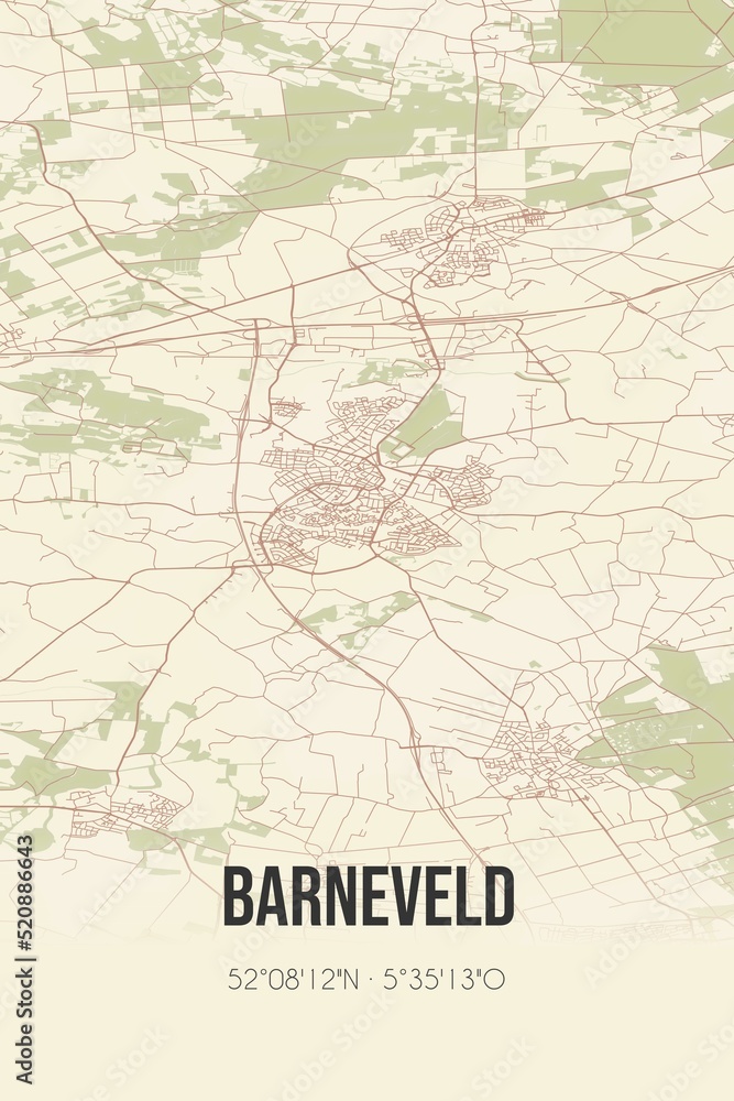 Retro Dutch city map of Barneveld located in Gelderland. Vintage street map.