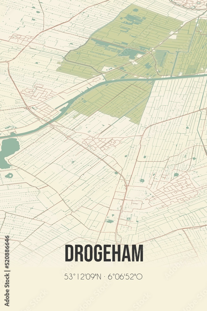Obraz premium Retro Dutch city map of Drogeham located in Fryslan. Vintage street map.