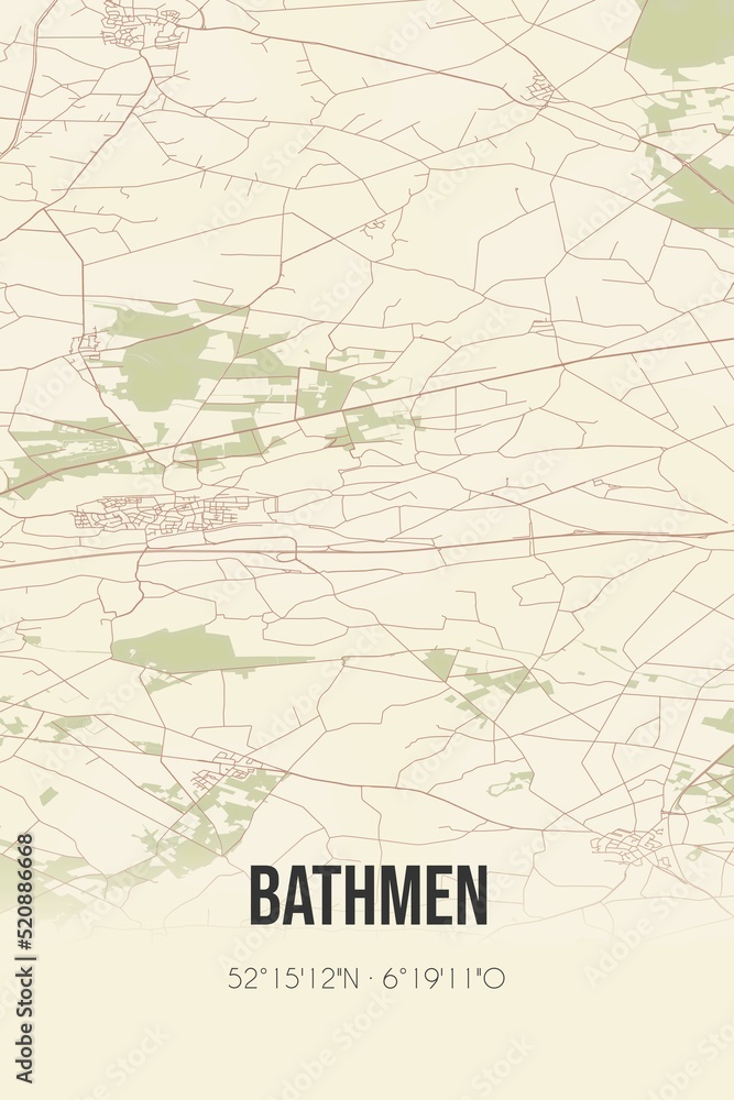 Retro Dutch city map of Bathmen located in Overijssel. Vintage street map.