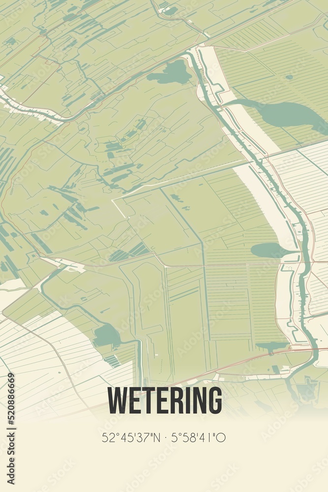 Obraz premium Retro Dutch city map of Wetering located in Overijssel. Vintage street map.