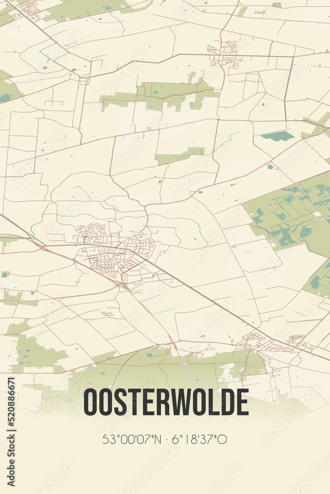 Retro Dutch city map of Oosterwolde located in Fryslan. Vintage street map.